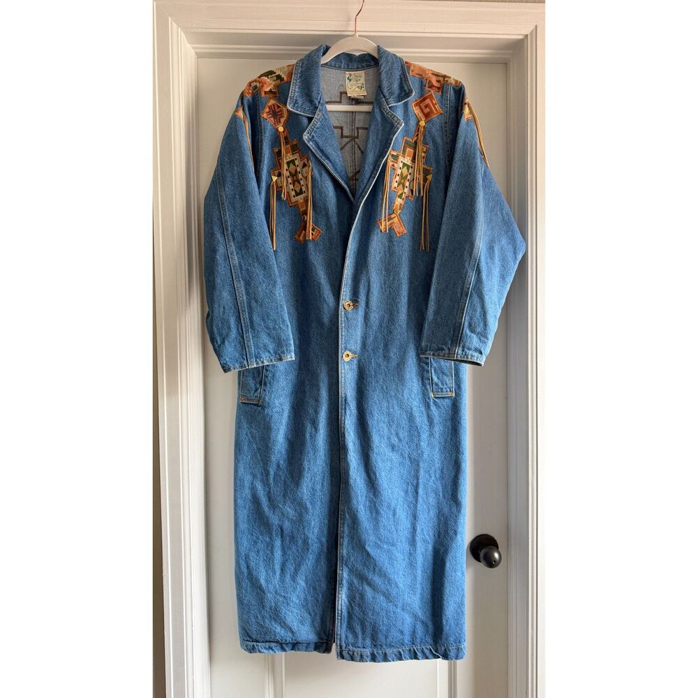 Vintage Woolybug Designs Denim Duster Coat S Southwestern Fringe Western
